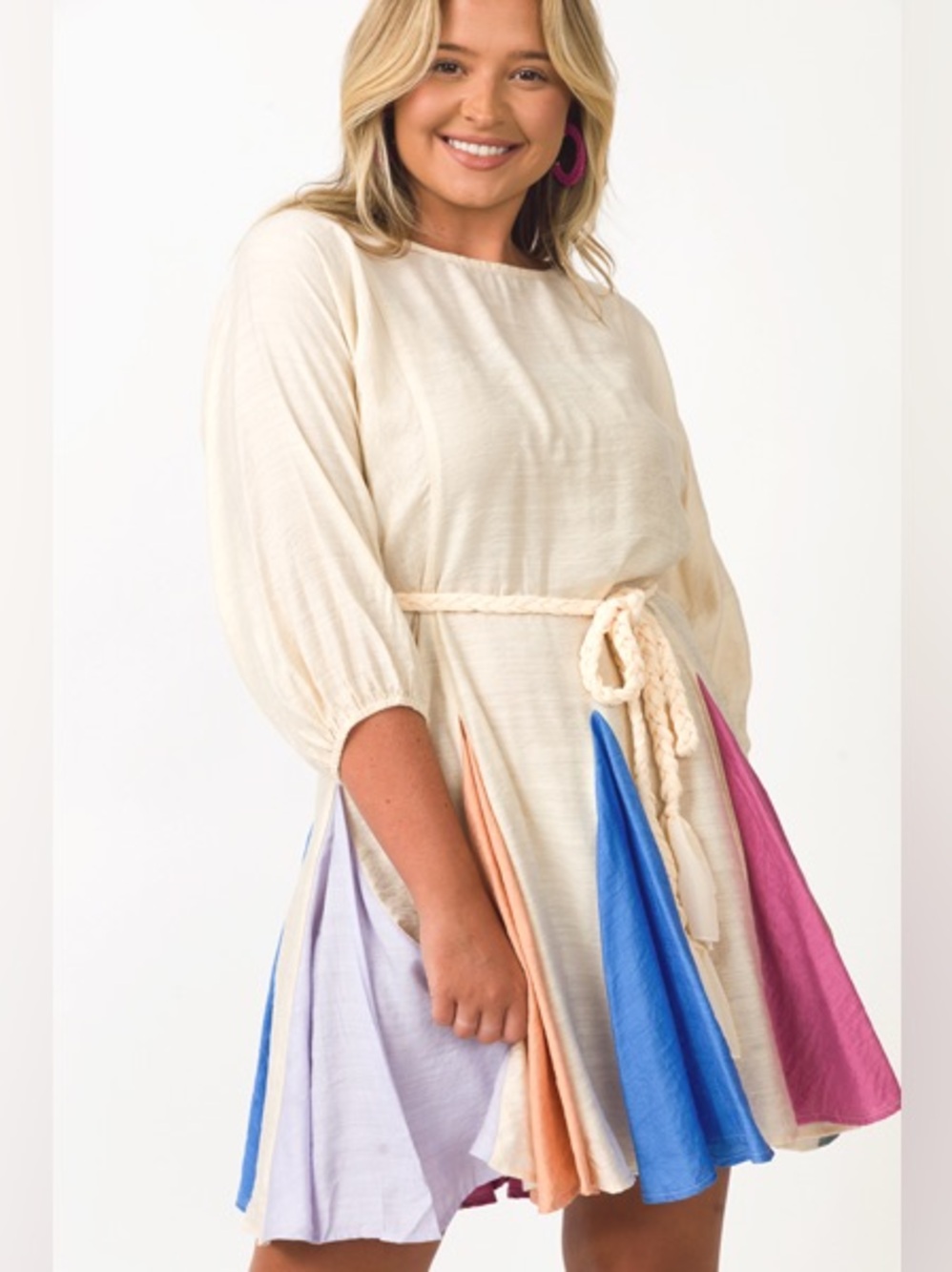 ODDI Rainbow Colorblock Panel Belted Swing Mini Dress - Picture 3 of 11
